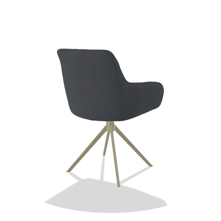 Chaise de salle à manger Como 6450 en Cuir B961 (gris foncé), pied pivotant en champagne, vue de trois-quarts arrière