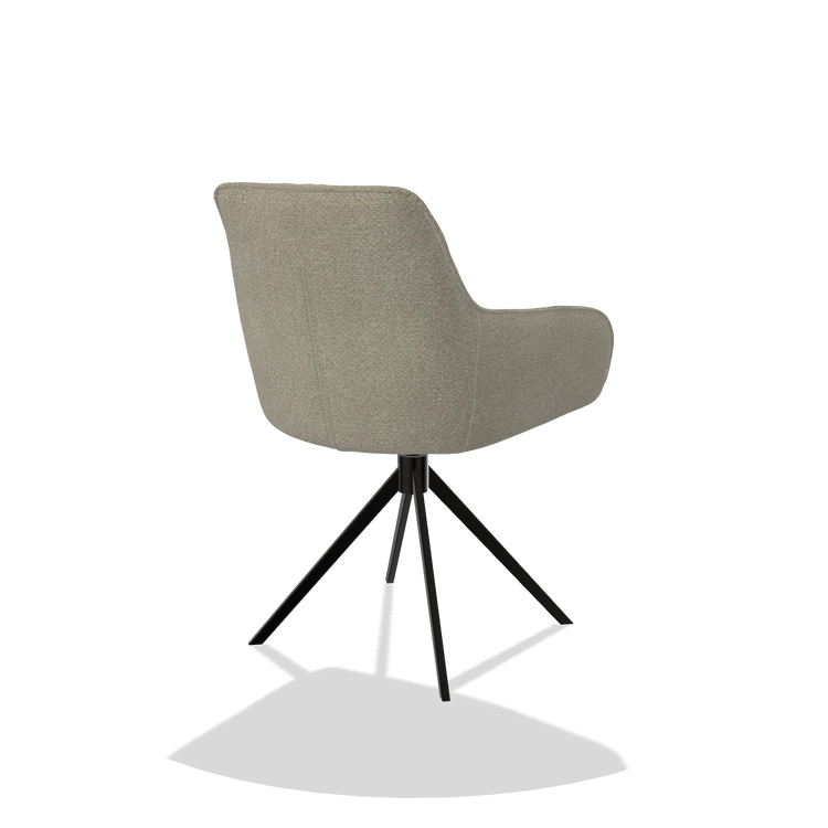 Sedia da pranzo Como 6450 in tessuto Rhythm 05 (greige), base girevole in nero, vista posteriore angolata