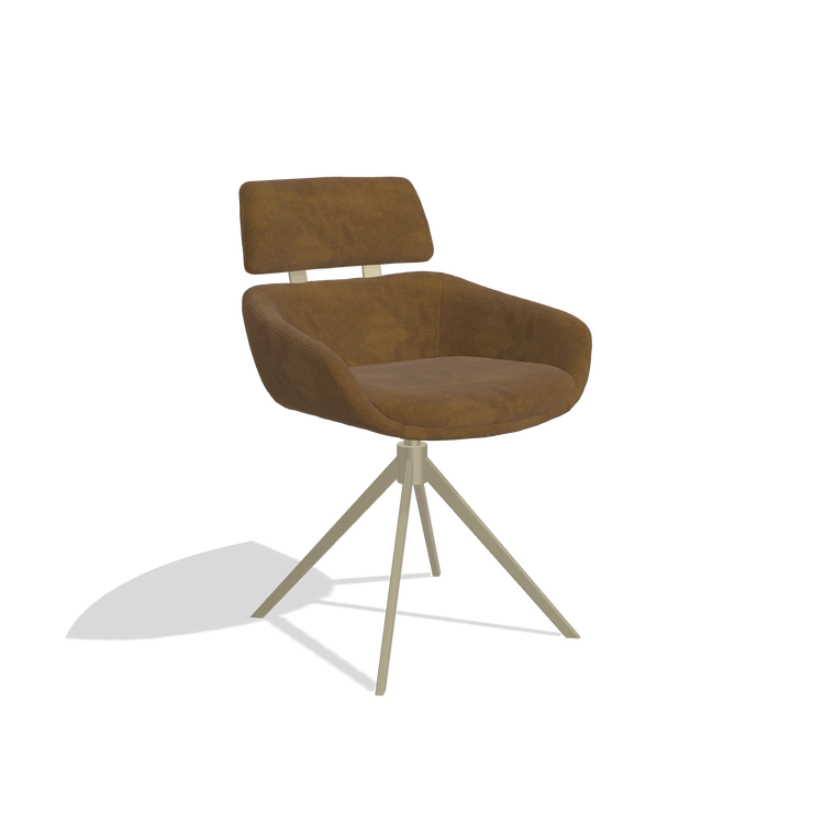 Dining Chair Cyril 6609 in Adore 132 fabric (brown), champagne swivel base, angled view