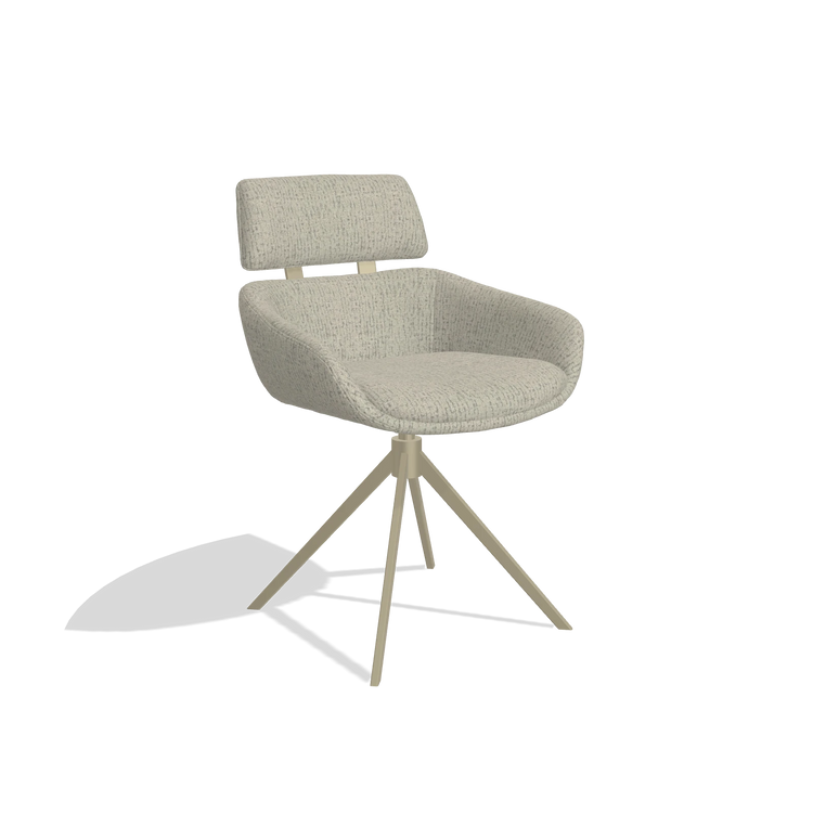 Dining Chair Cyril 6609 in Horta 05 fabric (greige), champagne swivel base, angled view