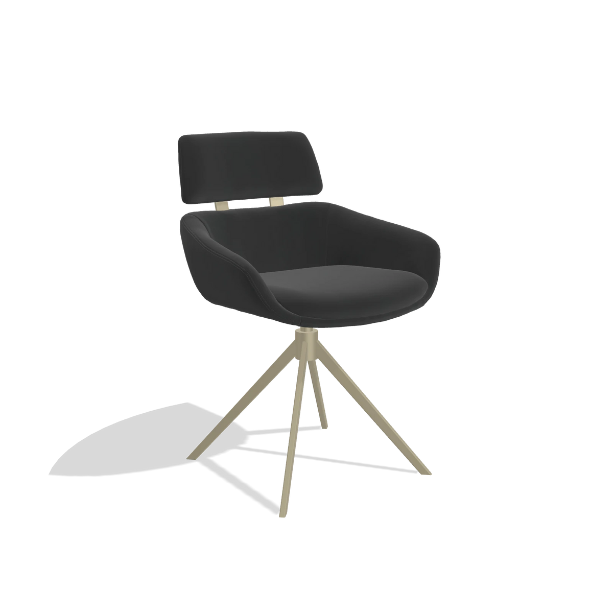 Sedia da pranzo Cyril 6609 in Pelle A804 (nero), base girevole in champagne, vista angolata