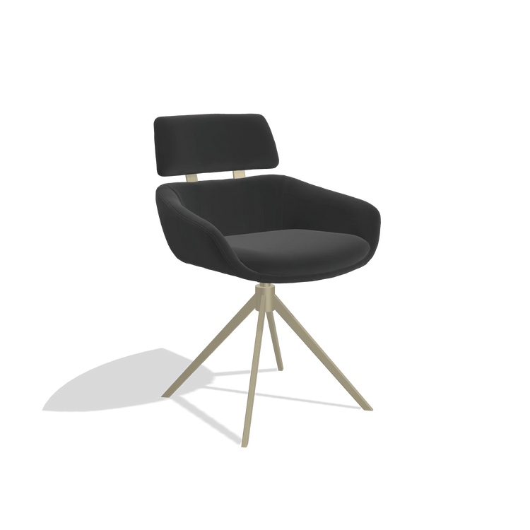 Sedia da pranzo Cyril 6609 in Pelle A804 (nero), base girevole in champagne, vista angolata