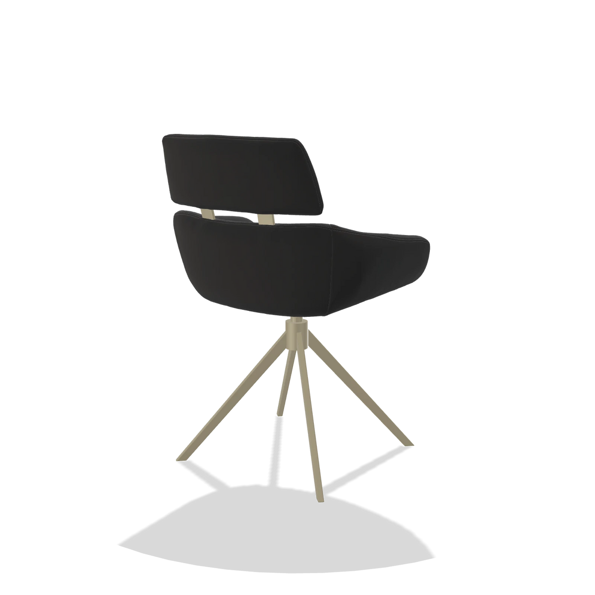 Sedia da pranzo Cyril 6609 in Pelle A804 (nero), base girevole in champagne, vista posteriore angolata