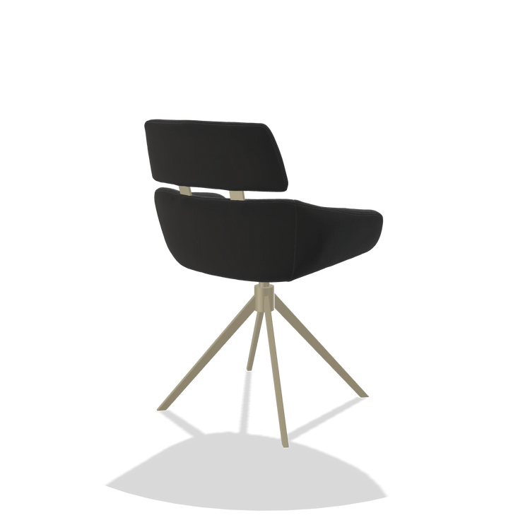 Sedia da pranzo Cyril 6609 in Pelle A804 (nero), base girevole in champagne, vista posteriore angolata