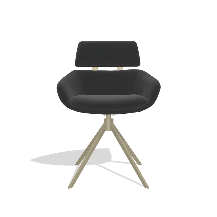 Sedia da pranzo Cyril 6609 in Pelle A804 (nero), base girevole in champagne, vista frontale