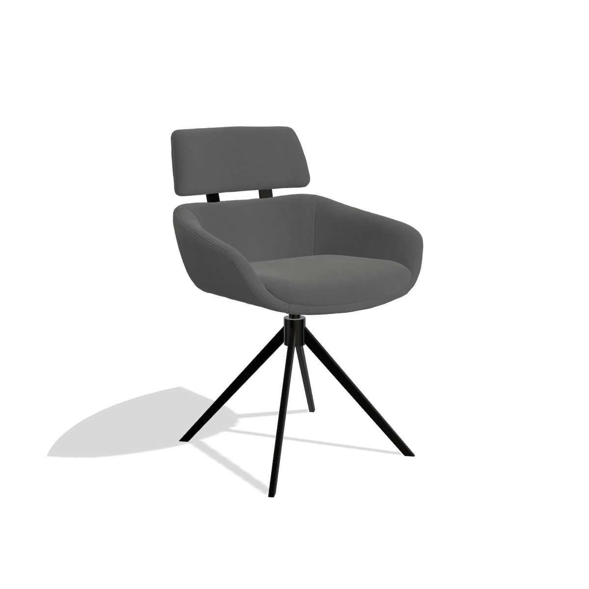 Dining Chair Cyril 6609 in Leather B502 (dark grey), black swivel base, angled view