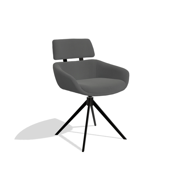 Dining Chair Cyril 6609 in Leather B502 (dark grey), black swivel base, angled view