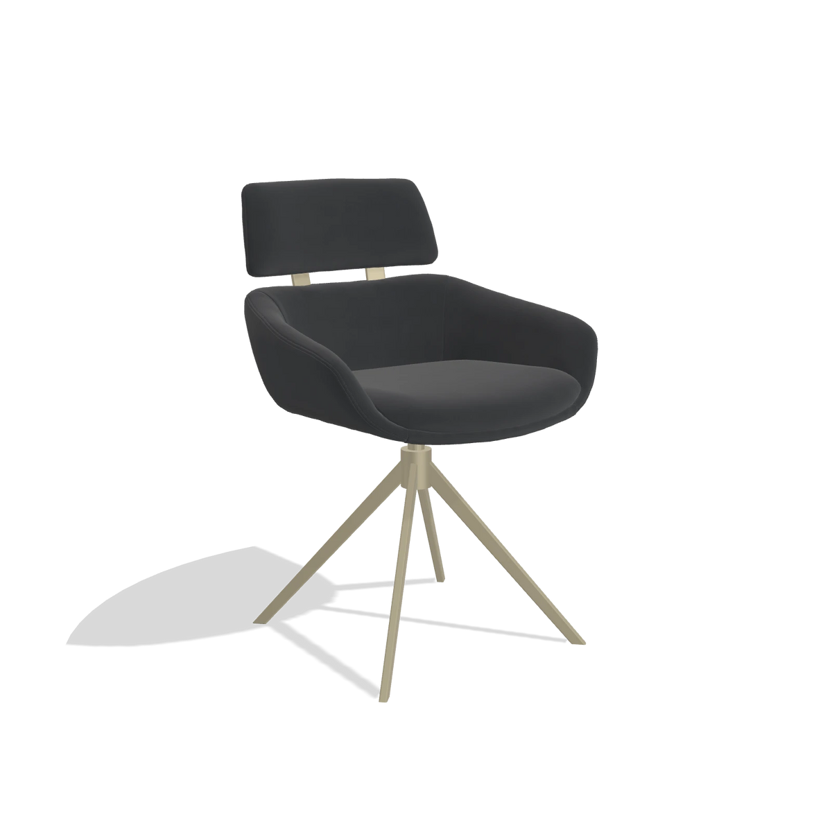 Dining Chair Cyril 6609 in Leather B900 (black), champagne swivel base, angled view