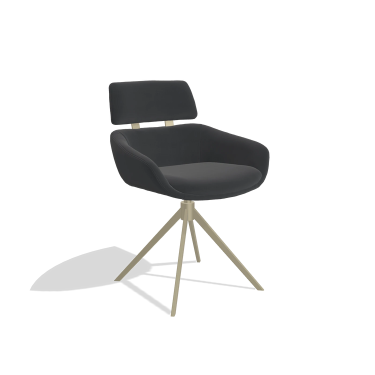 Dining Chair Cyril 6609 in Leather B900 (black), champagne swivel base, angled view