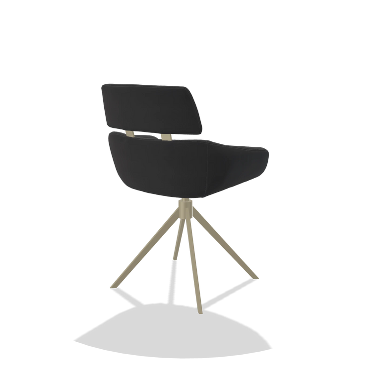 Dining Chair Cyril 6609 in Leather B900 (black), champagne swivel base, back angled view