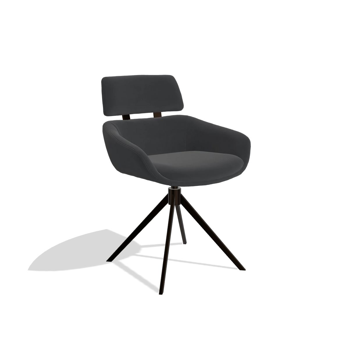 Dining Chair Cyril 6609 in Leather B900 (black), espresso swivel base, angled view