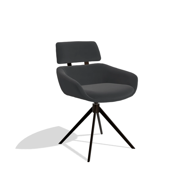 Dining Chair Cyril 6609 in Leather B900 (black), espresso swivel base, angled view