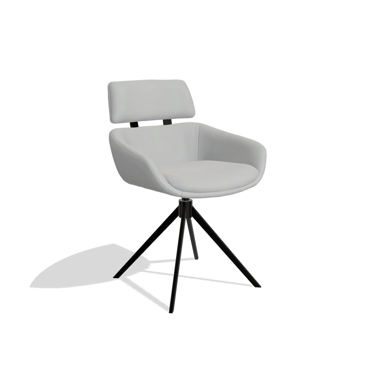 Dining Chair Cyril 6609 in Leather B904 (light grey), black swivel base, angled view