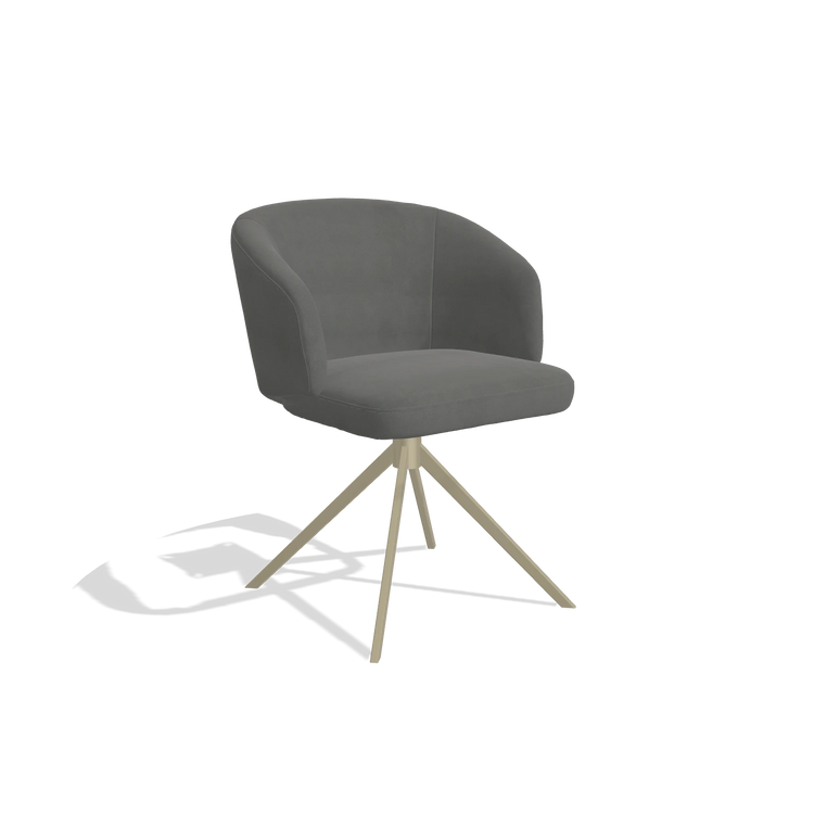 Dining Chair Elise 6612 in Leather B400 (dark grey), champagne swivel base, angled view