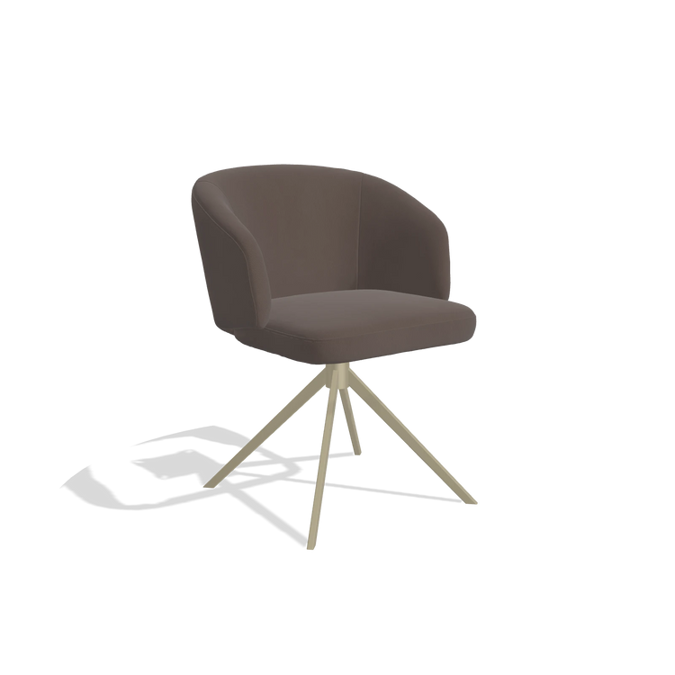 Dining Chair Elise 6612 in Leather B535 (brown), champagne swivel base, angled view