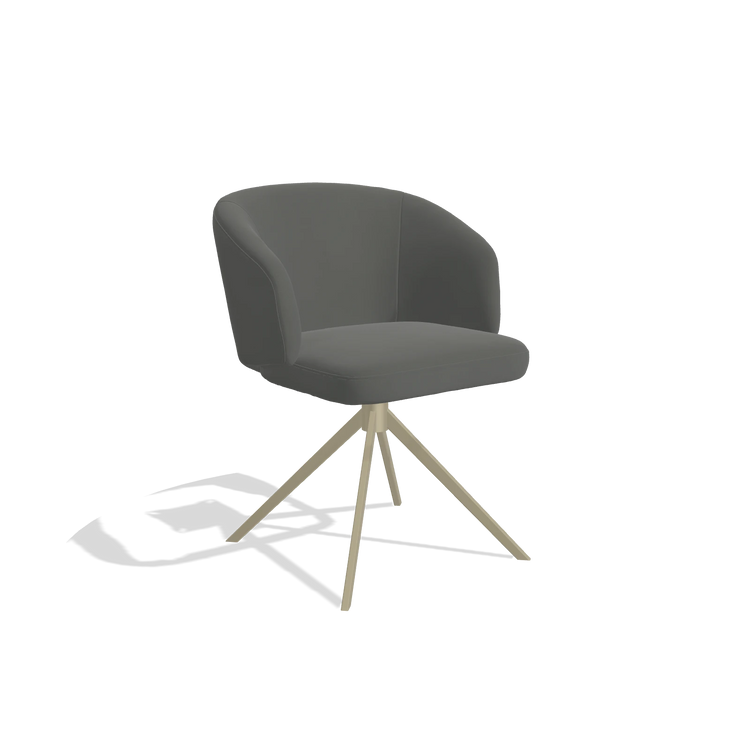Dining Chair Elise 6612 in Leather B945 (dark grey), champagne swivel base, angled view