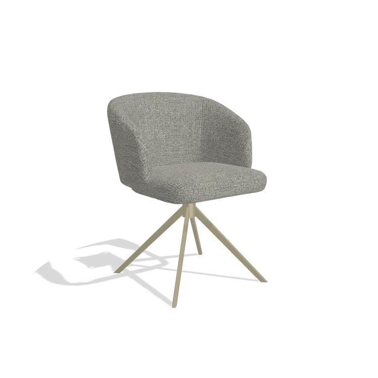 Chaise de salle à manger Elise 6612 en tissu Taurus 65 (taupe), pied pivotant en champagne, vue de trois-quarts