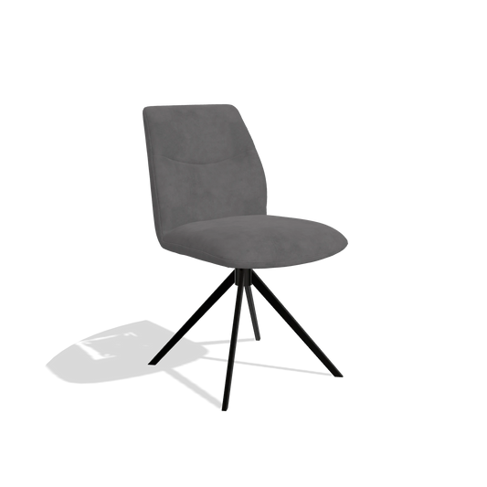 Silla de comedor sin reposabrazos Ferrara 6406 en tela Adore 180 (gris oscuro), base giratoria en negro, vista en ángulo