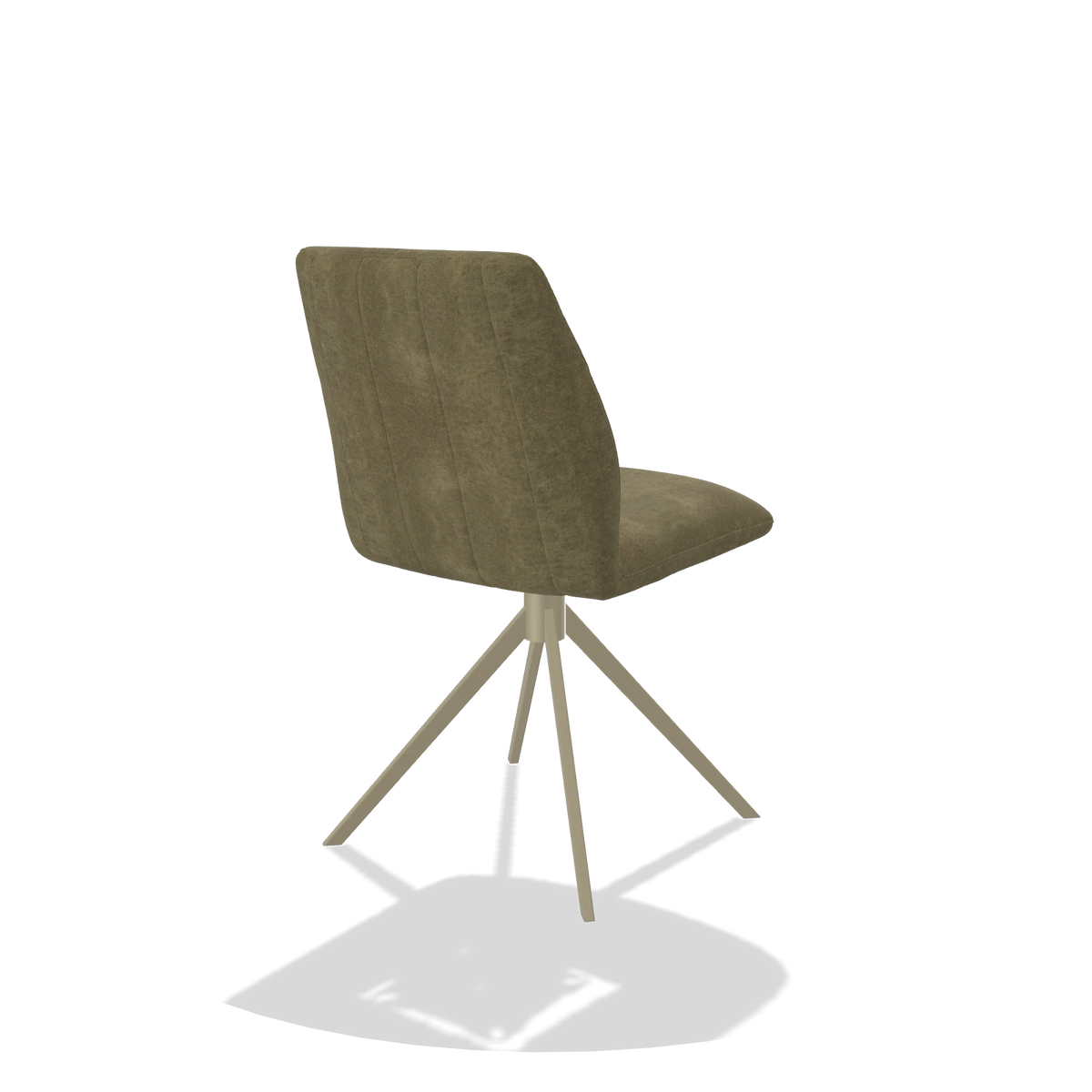 Silla de comedor sin reposabrazos Ferrara 6406 en tela Bull 59 (oliva), base giratoria en champán, vista trasera en ángulo