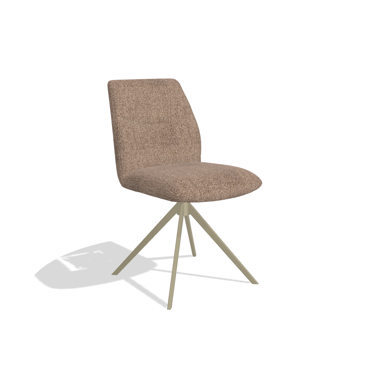 Armless Dining Chair Ferrara 6406 in Cayenne 28 fabric (taupe), champagne swivel base, angled view