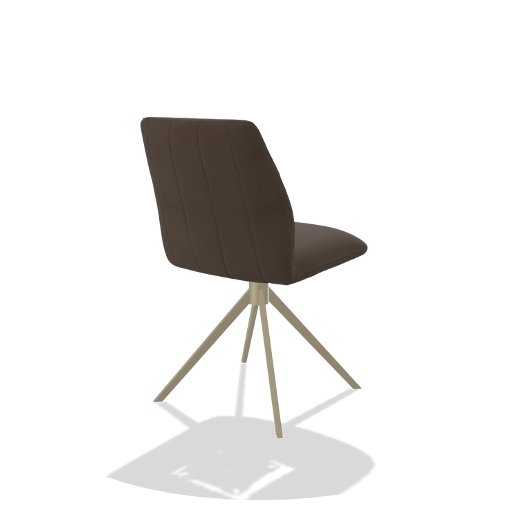 Chaise de salle à manger sans accoudoirs Ferrara 6406 en Cuir A825 (marron), pied pivotant en champagne, vue de trois-quarts arrière