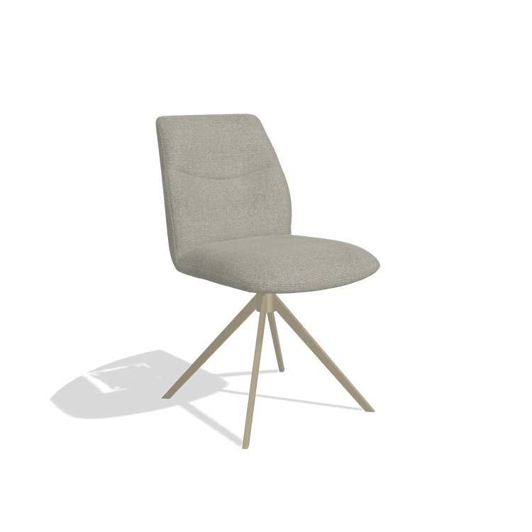 Armless Dining Chair Ferrara 6406 in Rhythm 01 fabric (sage), champagne swivel base, angled view