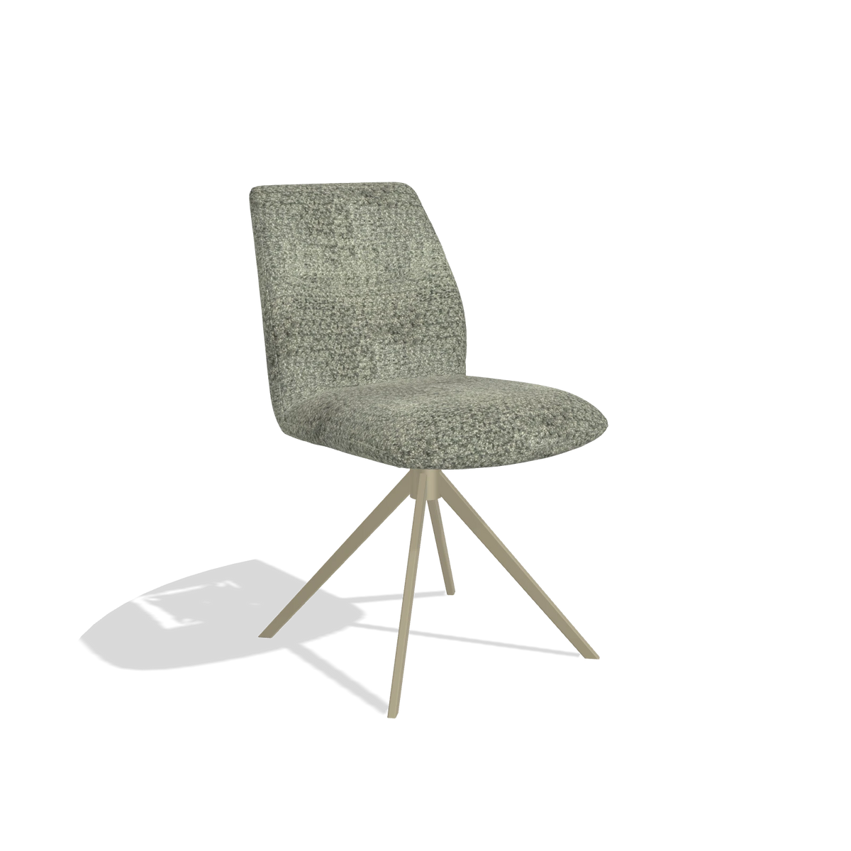 Silla de comedor sin reposabrazos Ferrara 6406 en tela Venga 156 (topo), base giratoria en champán, vista en ángulo