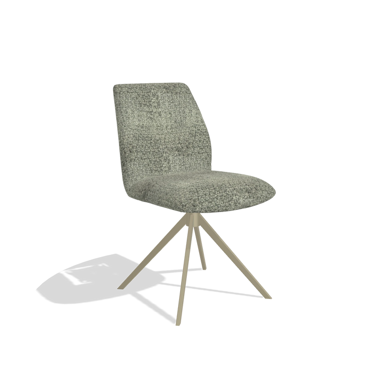 Silla de comedor sin reposabrazos Ferrara 6406 en tela Venga 156 (topo), base giratoria en champán, vista en ángulo