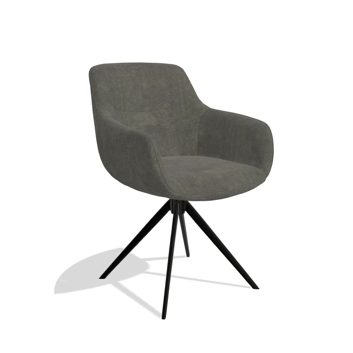 Chaise de salle à manger avec accoudoirs Ferrara 6406 en tissu Adore 156 (gris foncé), pied pivotant en noir, vue de trois-quarts