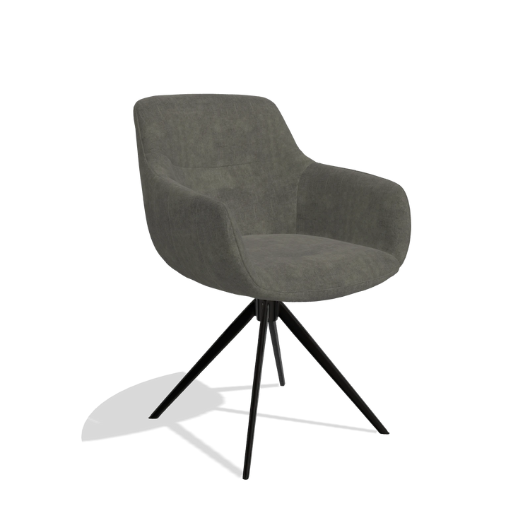 Chaise de salle à manger avec accoudoirs Ferrara 6406 en tissu Adore 156 (gris foncé), pied pivotant en noir, vue de trois-quarts