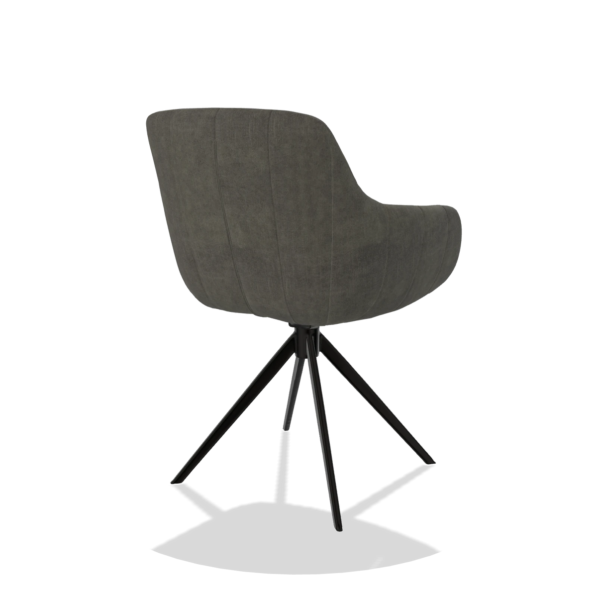 Chaise de salle à manger avec accoudoirs Ferrara 6406 en tissu Adore 156 (gris foncé), pied pivotant en noir, vue de trois-quarts arrière