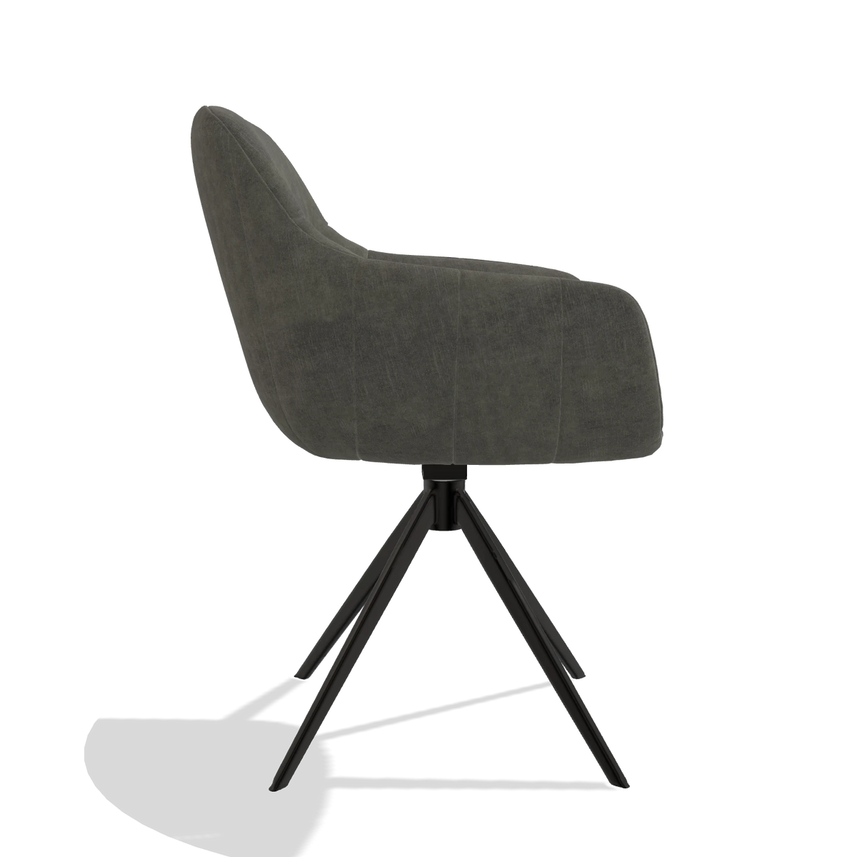 Chaise de salle à manger avec accoudoirs Ferrara 6406 en tissu Adore 156 (gris foncé), pied pivotant en noir, vue de profil