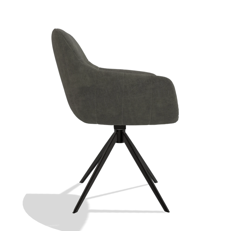 Chaise de salle à manger avec accoudoirs Ferrara 6406 en tissu Adore 156 (gris foncé), pied pivotant en noir, vue de profil