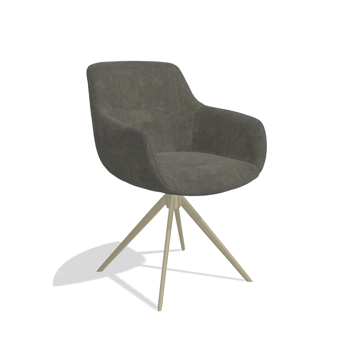 Chaise de salle à manger avec accoudoirs Ferrara 6406 en tissu Adore 156 (gris foncé), pied pivotant en champagne, vue de trois-quarts