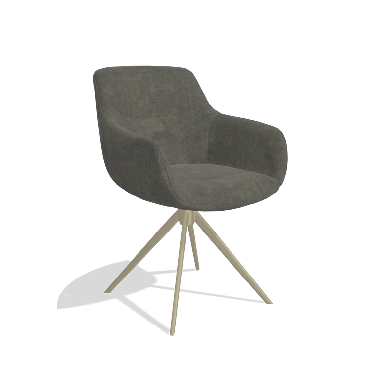 Chaise de salle à manger avec accoudoirs Ferrara 6406 en tissu Adore 156 (gris foncé), pied pivotant en champagne, vue de trois-quarts