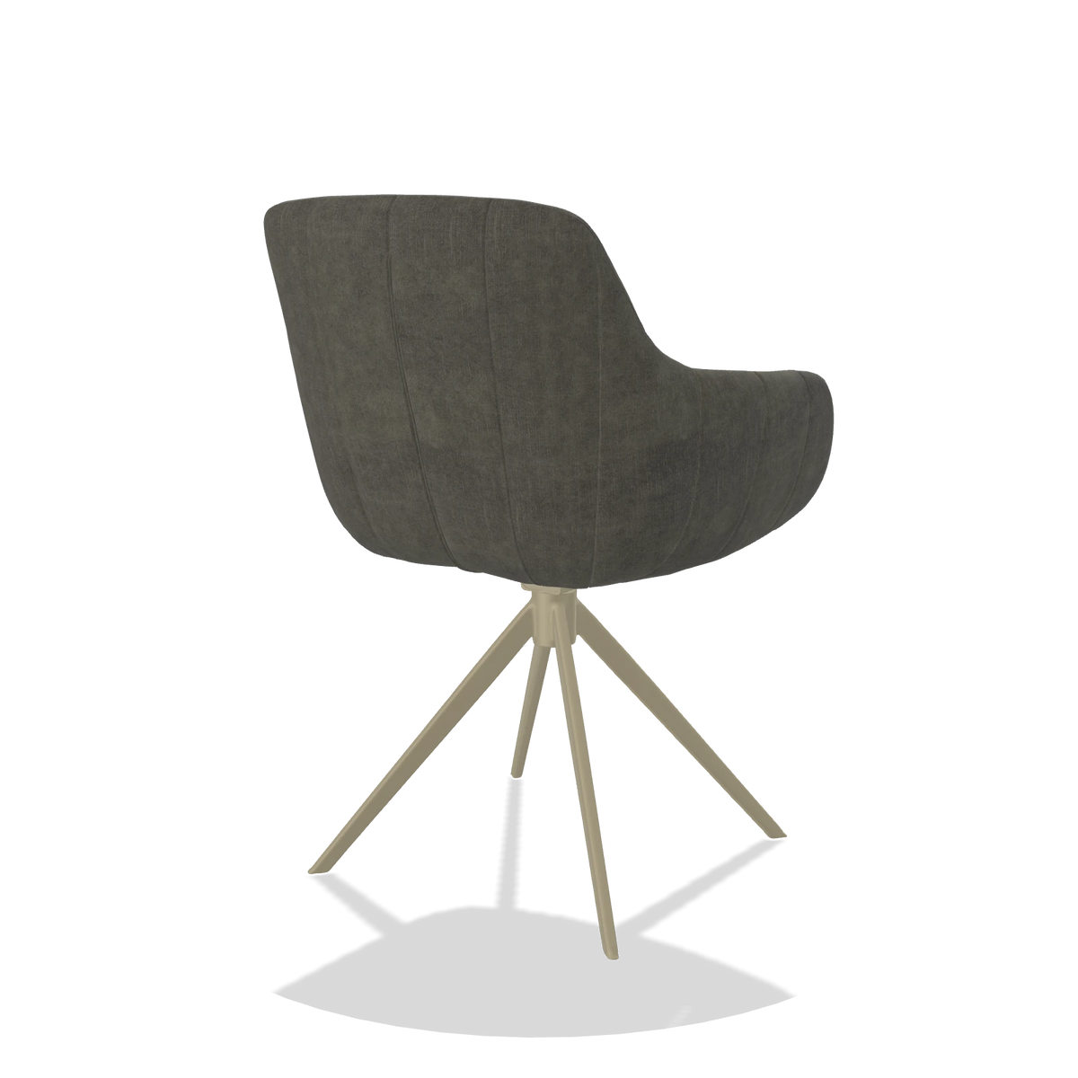 Chaise de salle à manger avec accoudoirs Ferrara 6406 en tissu Adore 156 (gris foncé), pied pivotant en champagne, vue de trois-quarts arrière