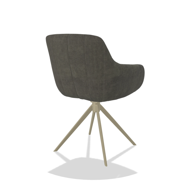 Chaise de salle à manger avec accoudoirs Ferrara 6406 en tissu Adore 156 (gris foncé), pied pivotant en champagne, vue de trois-quarts arrière