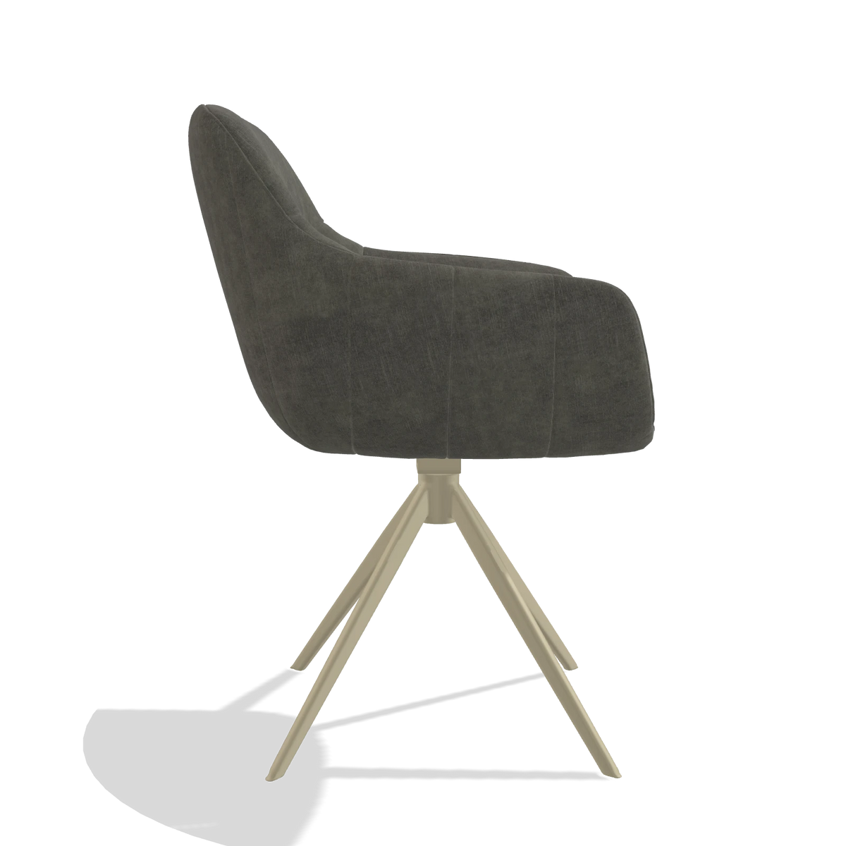 Chaise de salle à manger avec accoudoirs Ferrara 6406 en tissu Adore 156 (gris foncé), pied pivotant en champagne, vue de profil