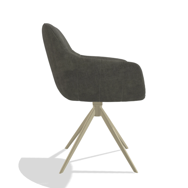 Chaise de salle à manger avec accoudoirs Ferrara 6406 en tissu Adore 156 (gris foncé), pied pivotant en champagne, vue de profil