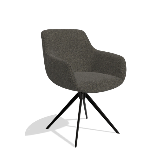 Silla de comedor con reposabrazos Ferrara 6406 en tela Ascot Mouse (chocolate), base giratoria en negro, vista en ángulo