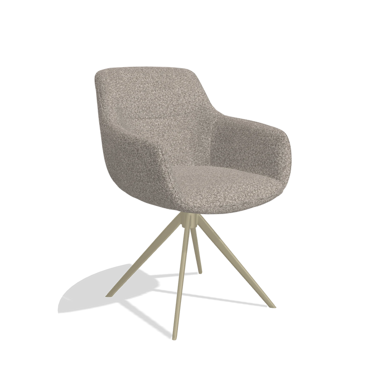 Chaise de salle à manger avec accoudoirs Ferrara 6406 en tissu Ascot Toffee (gris), pied pivotant en champagne, vue de trois-quarts