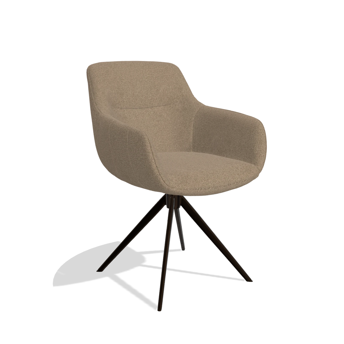 Dining Chair with Armrests Ferrara 6406 in Glory 13 fabric (taupe), espresso swivel base, angled view