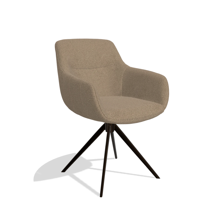 Dining Chair with Armrests Ferrara 6406 in Glory 13 fabric (taupe), espresso swivel base, angled view