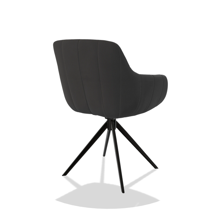 Sedia da pranzo con braccioli Ferrara 6406 in Pelle B905 (antracite), base girevole in nero, vista posteriore angolata