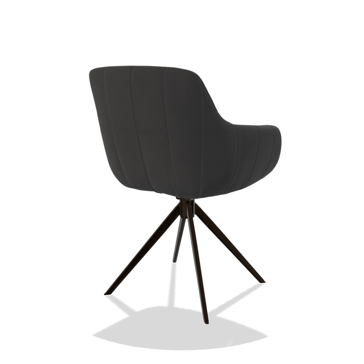 Sedia da pranzo con braccioli Ferrara 6406 in Pelle B905 (antracite), base girevole in espresso, vista posteriore angolata