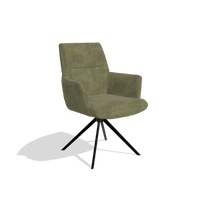 Dining Chair with Armrests Flavia 6694 in Adore 59 fabric (olive), black swivel base, angled view