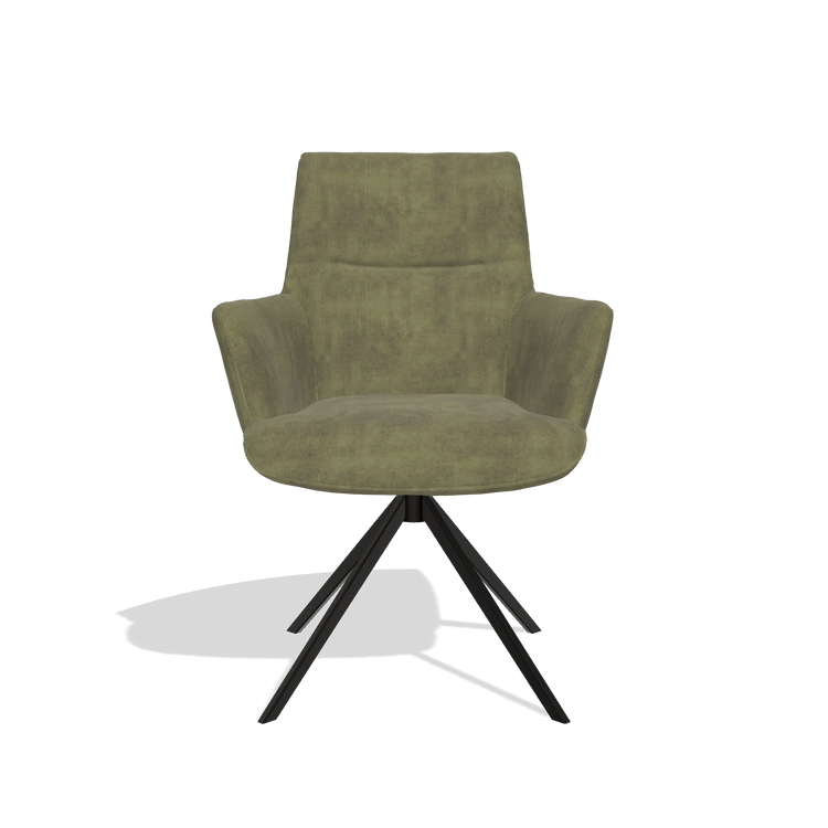 Dining Chair with Armrests Flavia 6694 in Adore 59 fabric (olive), black swivel base, front view