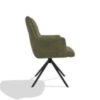 Dining Chair with Armrests Flavia 6694 in Adore 59 fabric (olive), black swivel base, side view