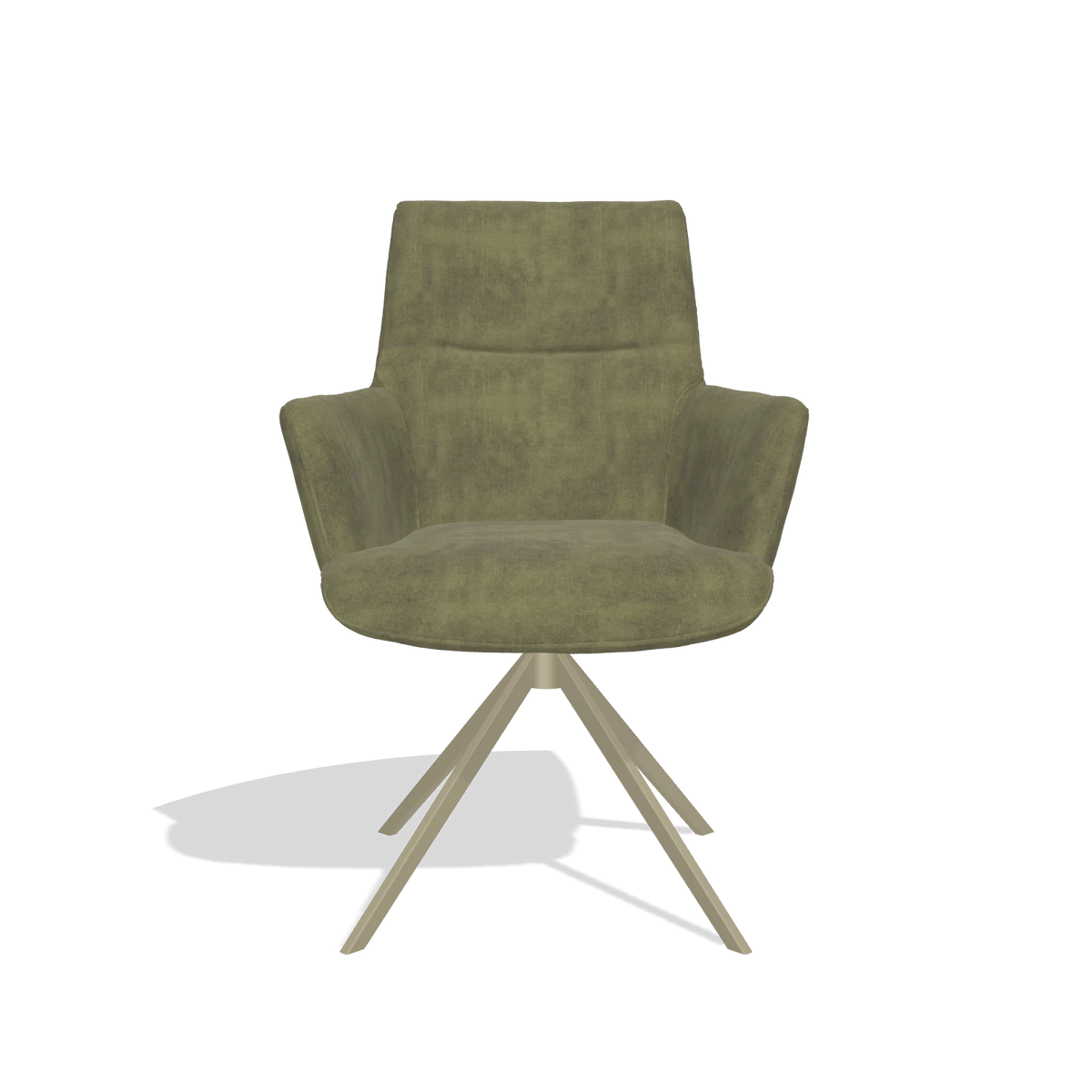 Dining Chair with Armrests Flavia 6694 in Adore 59 fabric (olive), champagne swivel base, front view