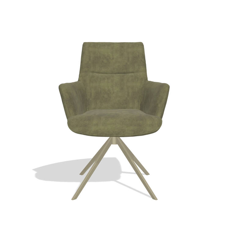 Dining Chair with Armrests Flavia 6694 in Adore 59 fabric (olive), champagne swivel base, front view